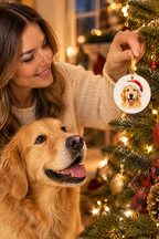 Hanging the ornament with her dog